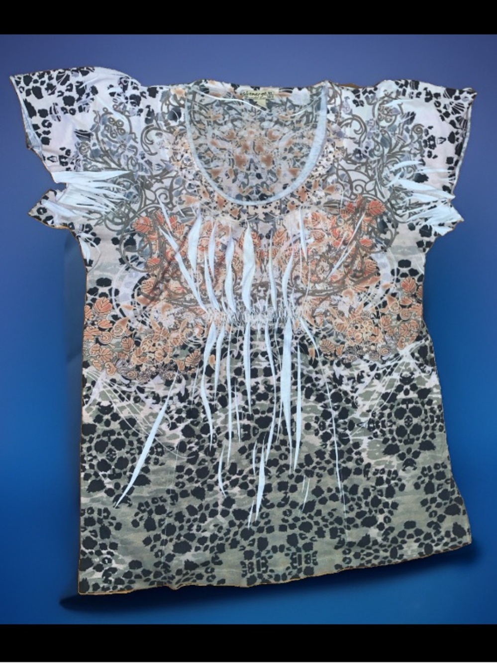 Vintage Y2K Energe World Wear Rhinestone Mixed Print Top - Size XL